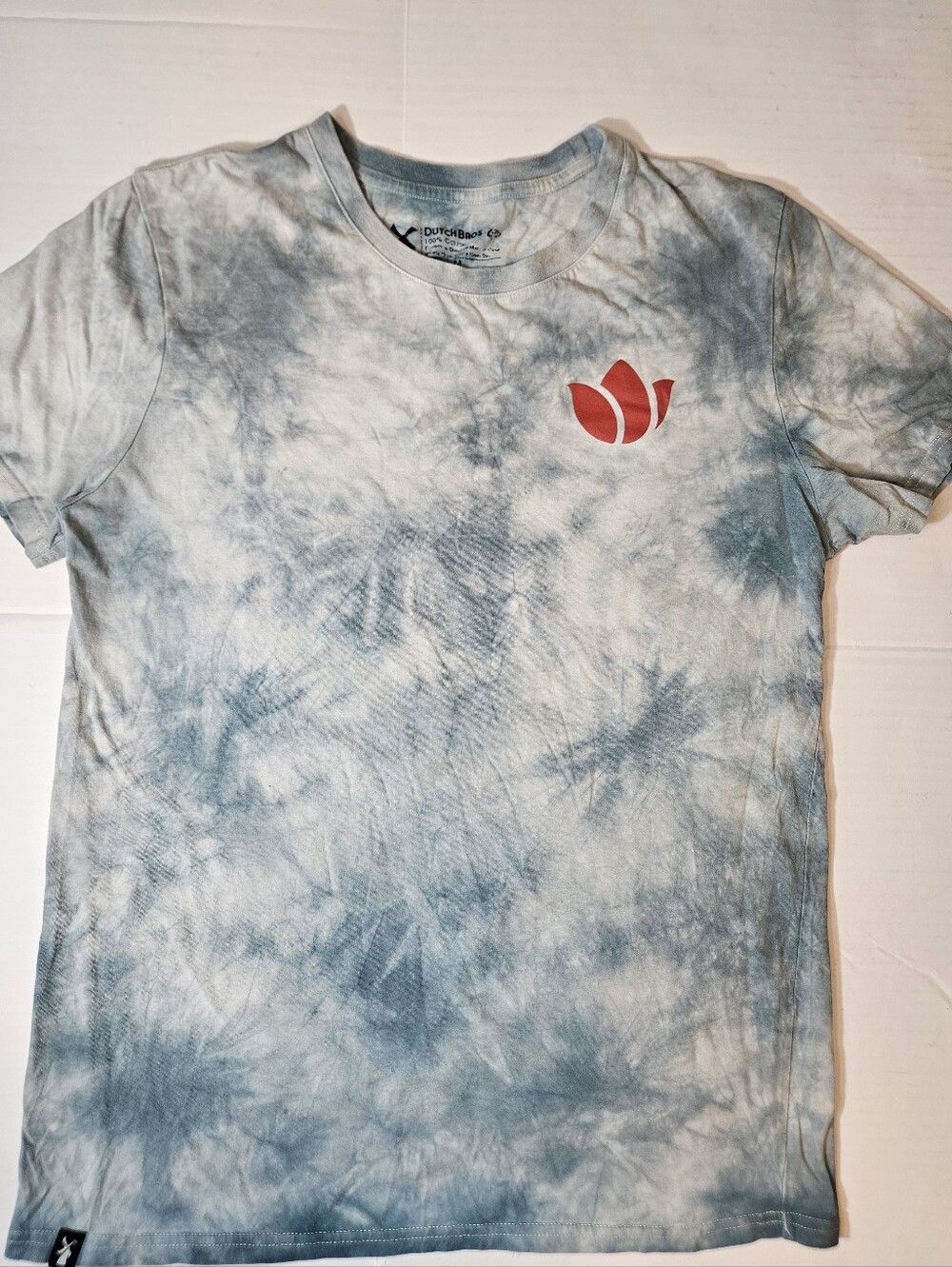 Dutch Bros Coffe Blue Tie-Dye Women's Short-Sleeve Tee Red Chest Logo Med